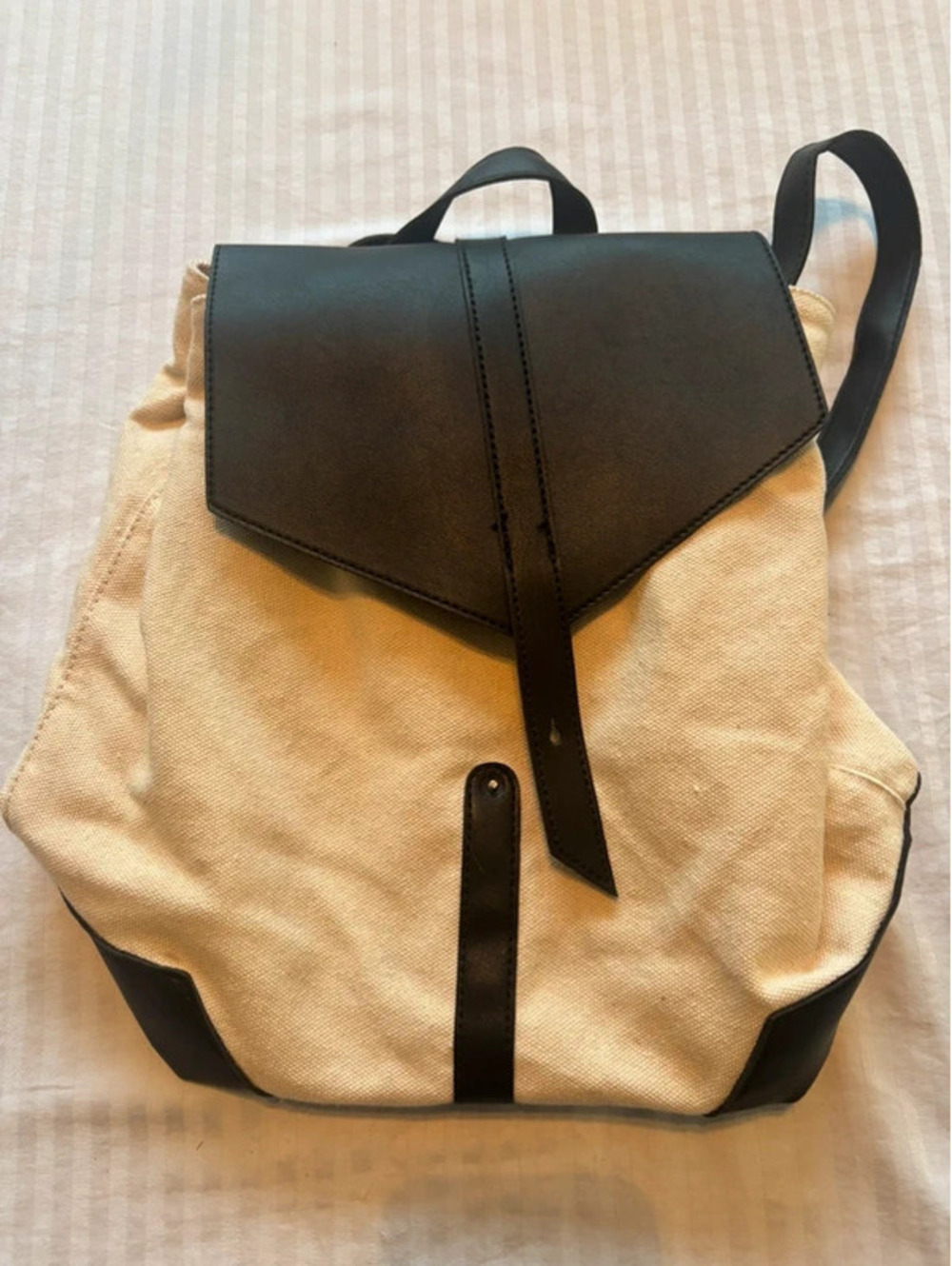 Deux Lux Ivory Canvas Backpack Black Vegan leather Bag Purse